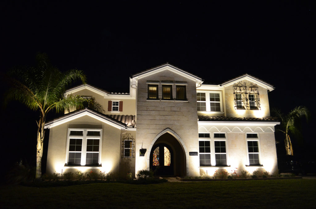 Front entrance with exterior lights